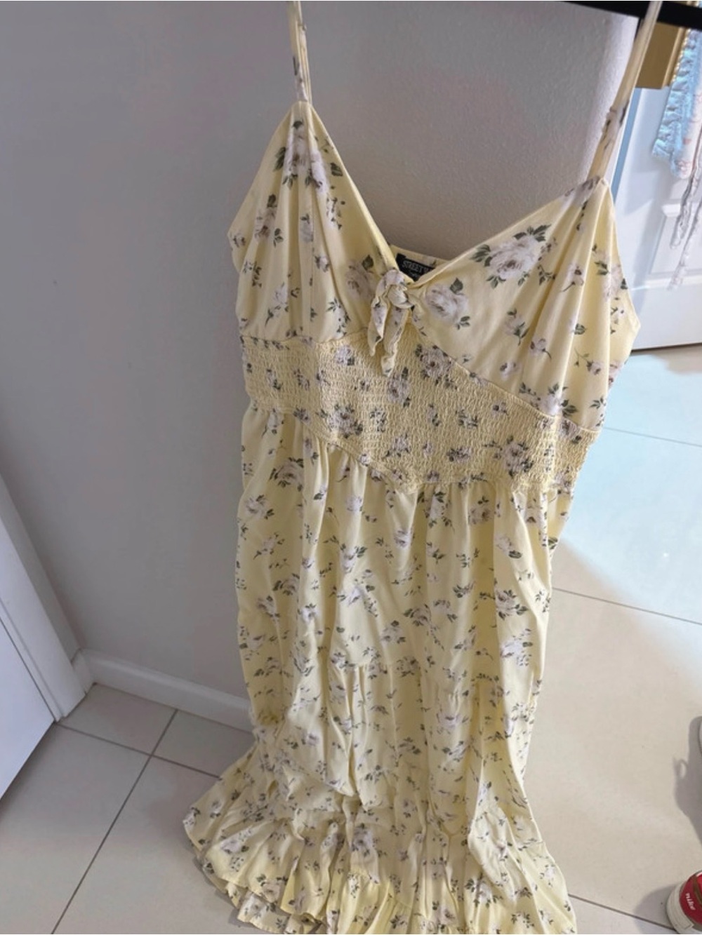 Summer Tie-Front Yellow Floral Smocked Sundress